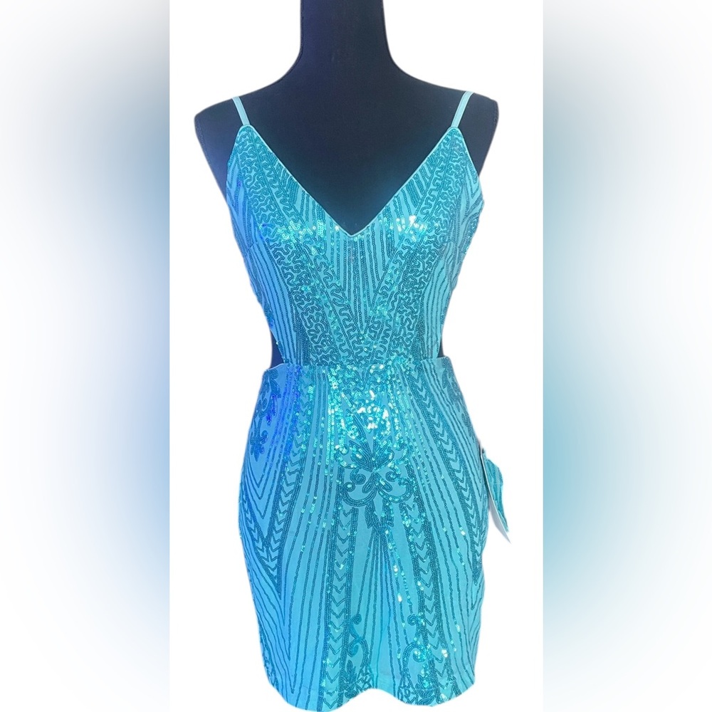 Elvi Turquoise Sequin Backless Dress